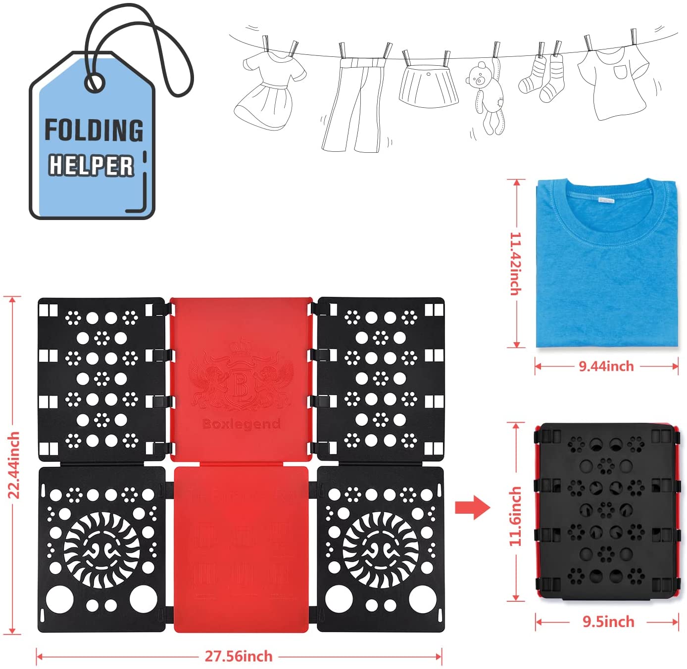BoxLegend Shirt Folding Board Adult Tshirt Clothes Folder Plus Sizes Magic  Fast Folder Closet Organizers, V3 Red